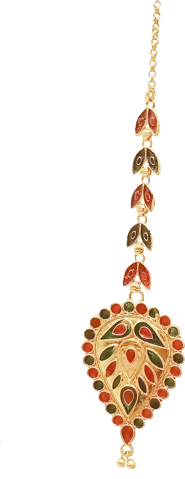 Assamese_Traditional_Copper_Gold_Plated_Red_Green_Dugdugi_Maang_Tikka_For_Women_&_Girl